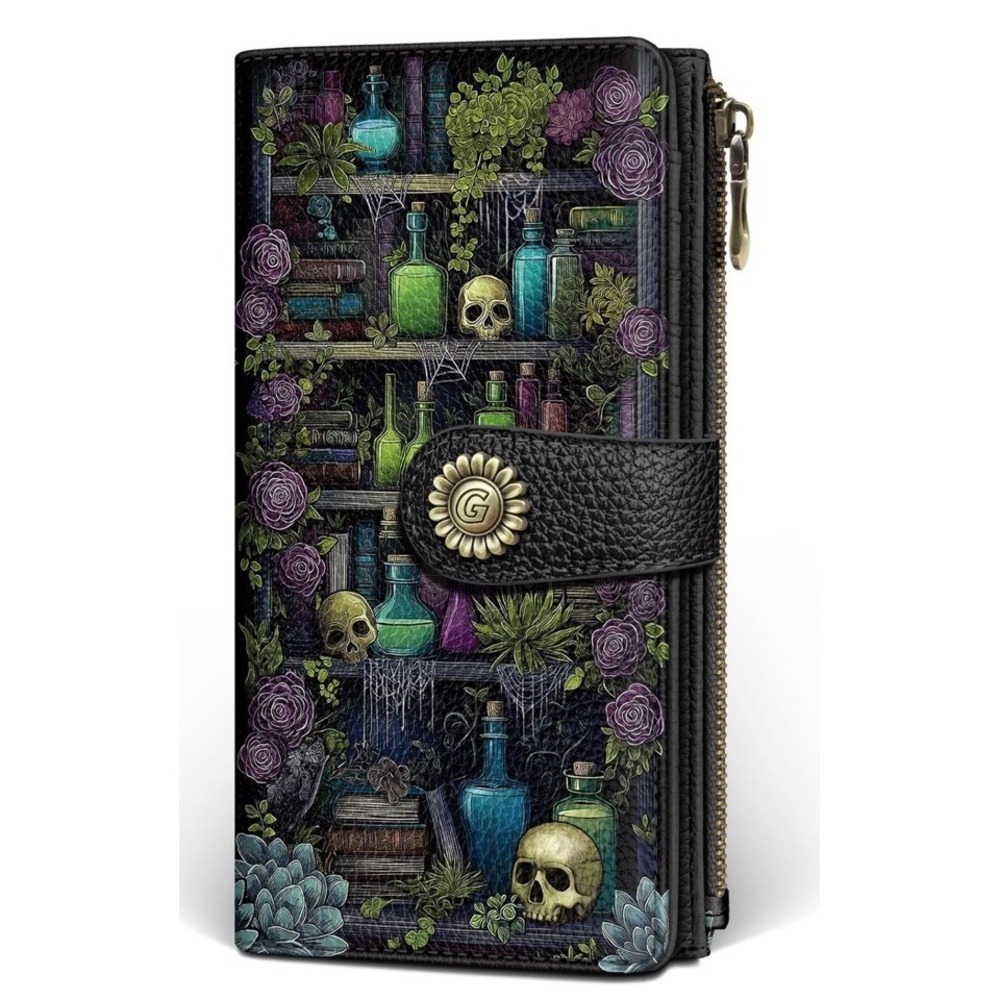 Potions Book Shelf Womens Wallet RFID Blocking Gothic Skull Witchy Credit Card